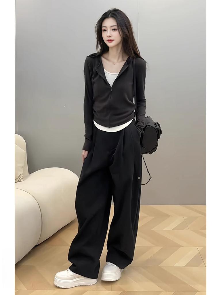 Waist pleated fake two-piece top women's spring semi-zipper irregular long-sleeved T-shirt design sense top tide