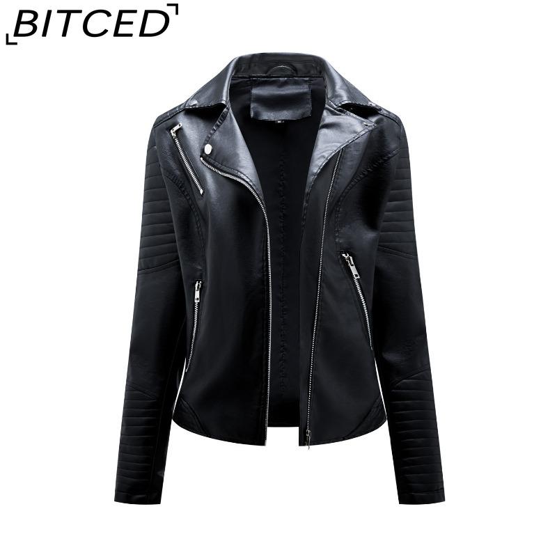 

BITCED Spring/Autumn Short-Length Leather Jacket for Women Slim-Fit Collared Biker Jacket with Diagonal Zipper S чёрный