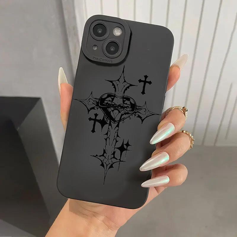 

Phone Case For iPhone 16 15 14 11 12 13 Pro Max Mini 7 8 Plus X XR XS Max SE 16E Black Cross Print Shockproof Soft Cover For iPhone 13 Mini