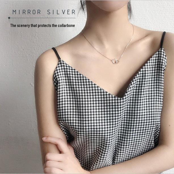 Minimalist Geometric Double Ring Zircon Necklace: S925 Silver-Plated Clavicle Chain Gift for Women