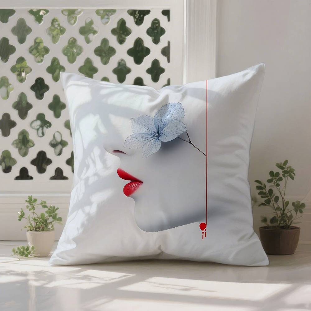 Girl with Blue and Lips Pillow Case Anti-dustmite Pillowcase Invisible Zipper Silky Short Plush Sofa Cushion Cover