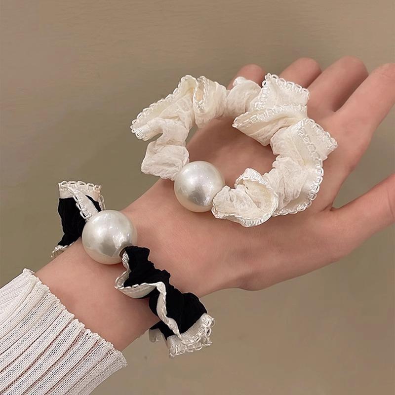 New Simple Lace Pearl Alloy Hair Ties for Children High Elasticity Black and White Versatile Women's Hair Bands