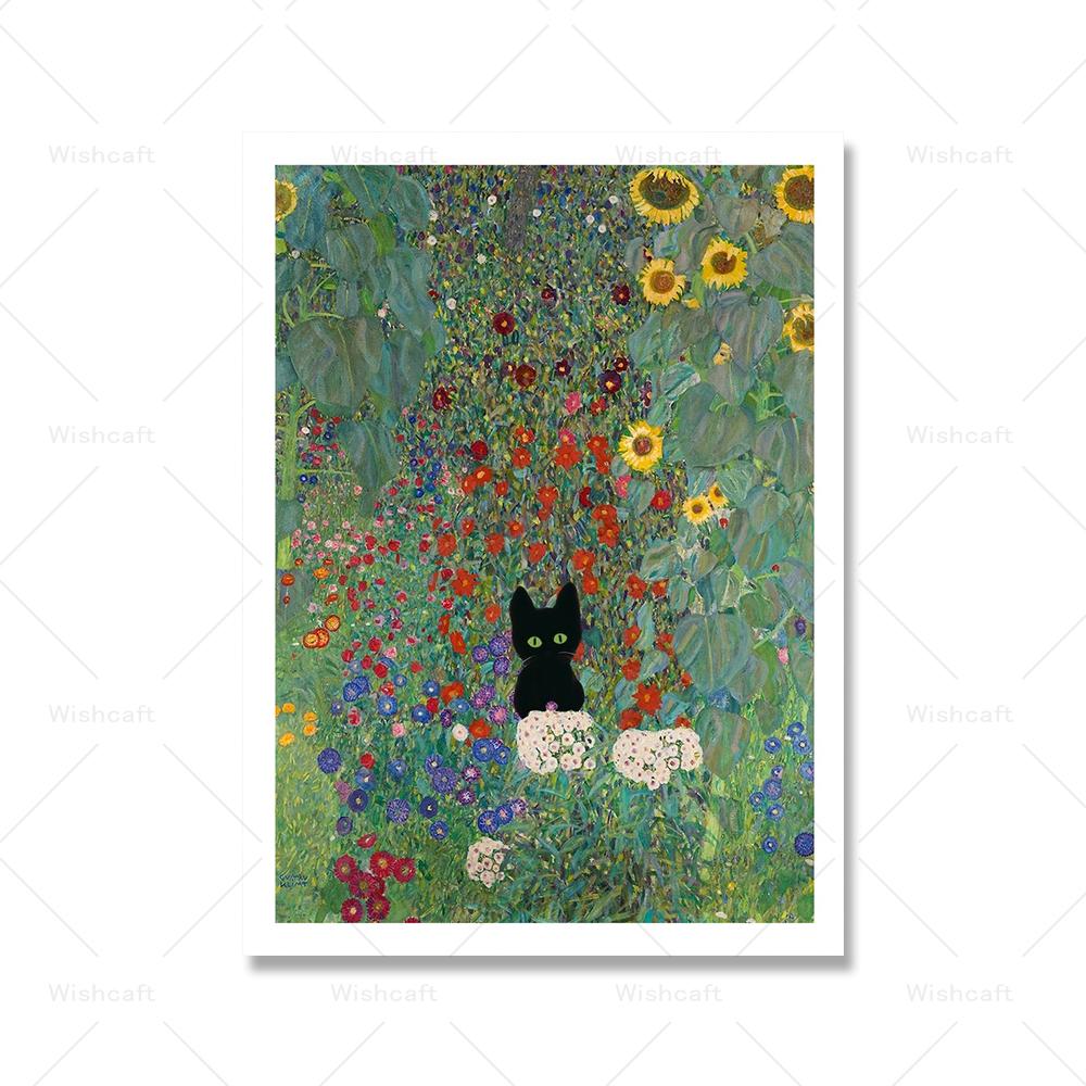 Gustav Klimt Farm Garden With Sunflowers And A Black Cat Art Print Vinatge Matise Abstract Canvas Painting Home Decor Poster