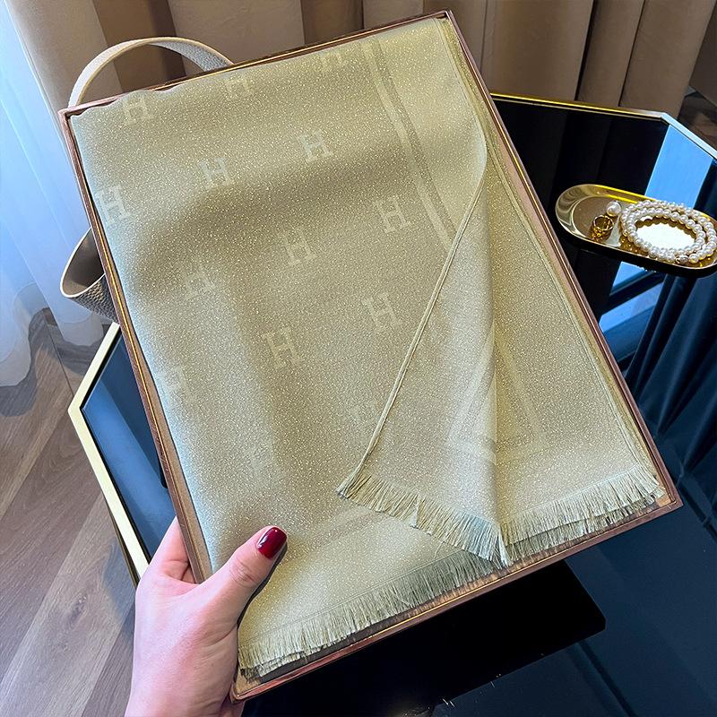 1116 new H letter imitation silk scarf simple fashion versatile shawl tencel cotton silk scarf scarf