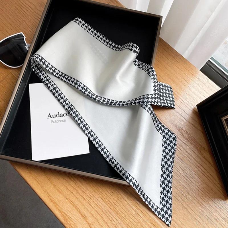 Luxury Houndstooth Print Silk Scarfs Women Bag Ribbons Foulard Office Skinny Neckerchief Neck Hands Ties Satin Female Hairband