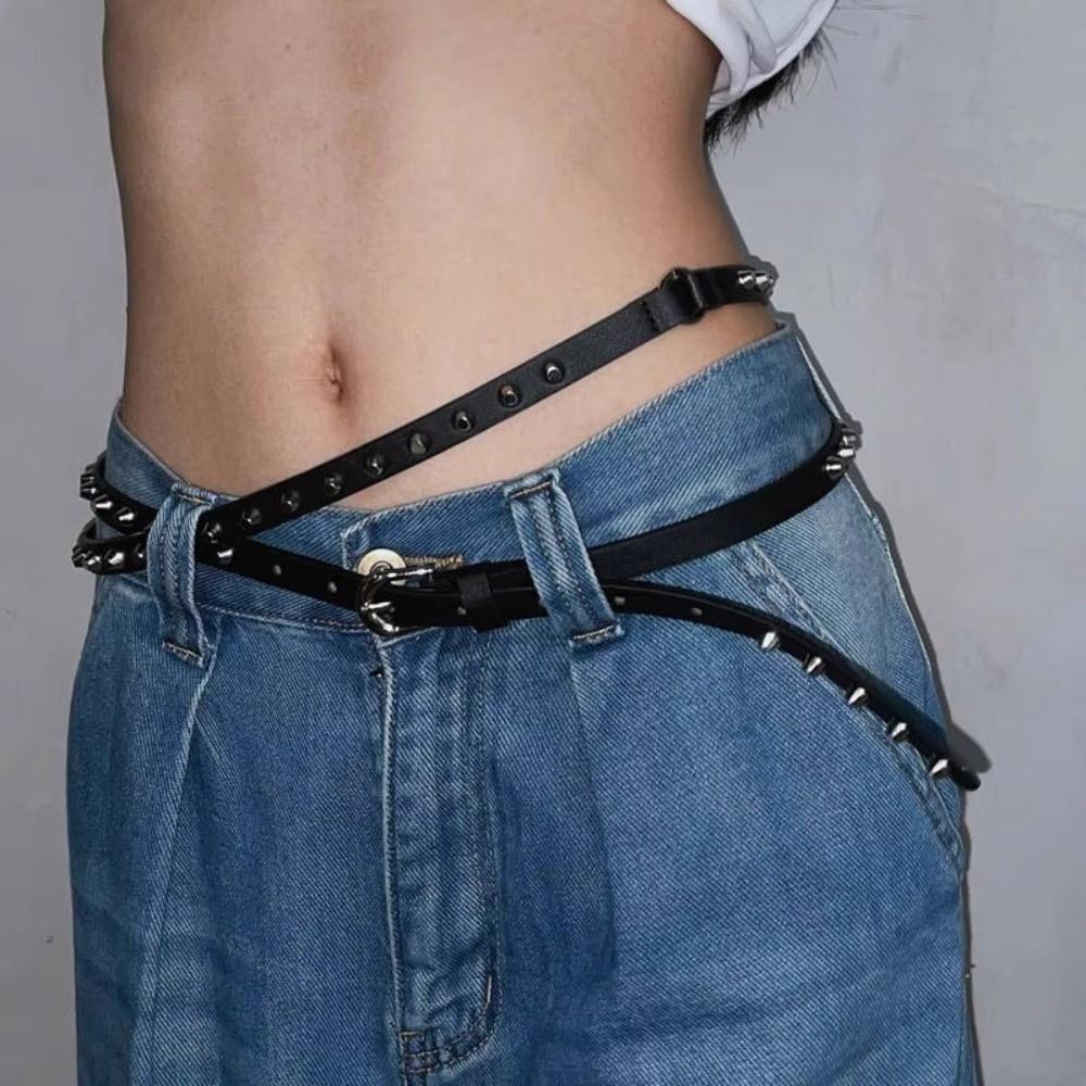 Thin Leather Waist Belt Double Loop Dress Jeans Belt Simple Women's Rivet Belt Streetwear