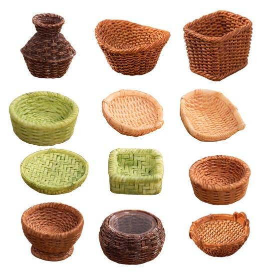 5 Pcs Mini Resin Rattan Basket Miniature Storage Holder Realistic Simulation Basket Dollhouse Accessories for Crafts Dollhouse Fairy Garden Decor