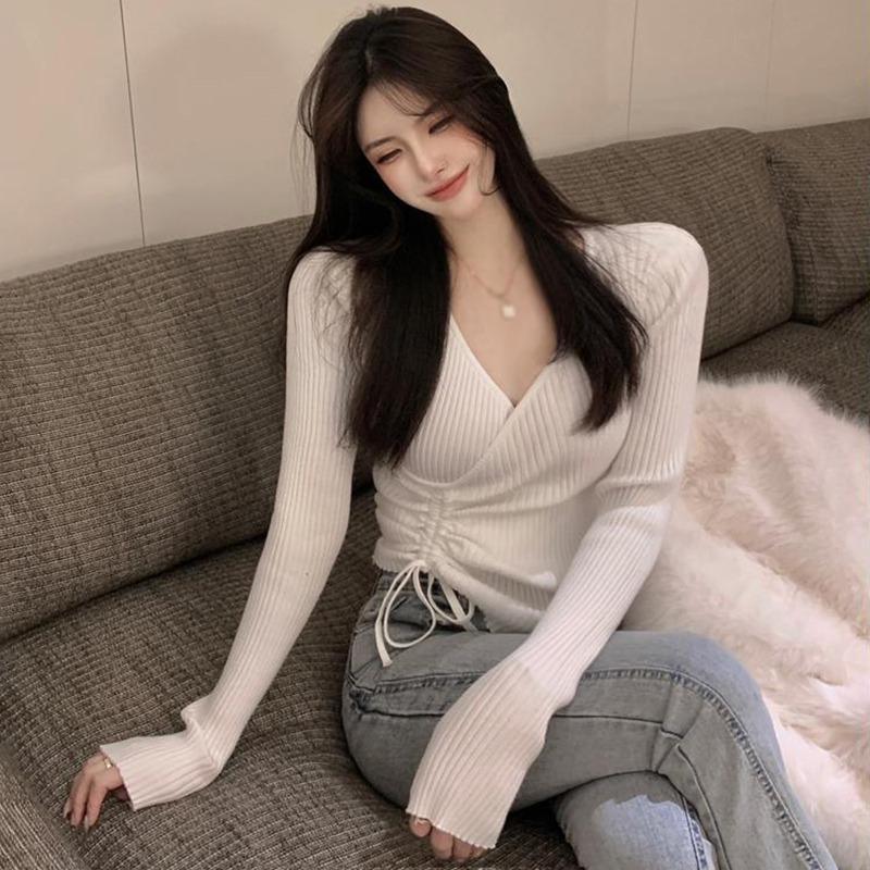 

Женский нерегулярный пуловер с длинными рукавами и v-образным вырезом, тонкий свитер, плиссированный вязаный топ на шнуровке с крестом One Size