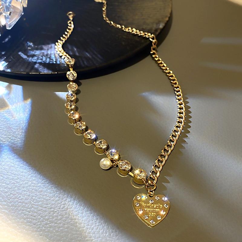 New Fashion 14K Real Gold Heart Crystal Pearl Chain Pendant Necklace for Women High Quality Zircon Jewelry Party Gift