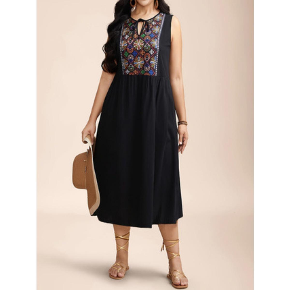 Summer Women s Retro Ethnic Printed High Waist Sleeveless Round Neck Tie Midi Dress Casual Bohemian Dress S чёрный