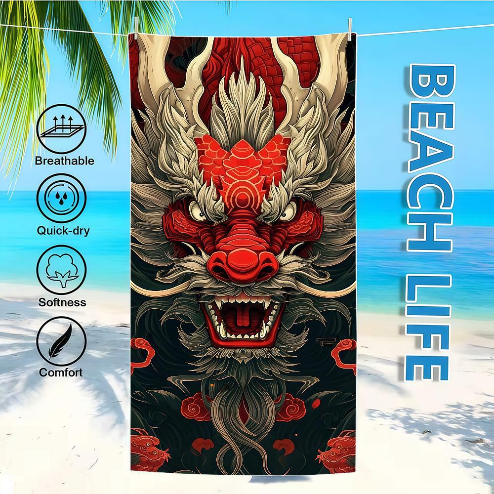 

Towel Textile Bathrobe Beach Quick-Drying Lightweight Portable Cool Camping Cartoon Dragon Swim Pool Travel W40*H60(CM)
