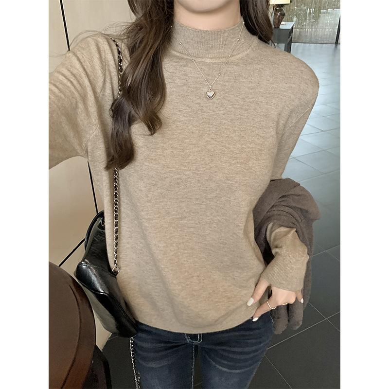 

Женский свитер цвета овсянки с полуводолазкой, внутренней подкладкой и длинными рукавами, осенне-зимний свитер в ленивом стиле с воротником-стойкой One Size