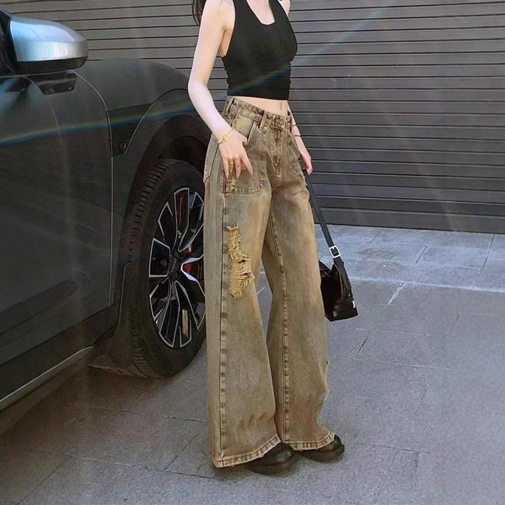 Comfortable Done Old Broken Holes Jeans Women Skinny Drag Floor Wide Leg Straight Straight Trousers Long Trousers Jeans for Women Long Denim Pants