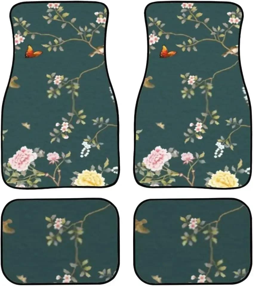 Car Floor Mats Dark Green Large Small Flowers Print Design Carpet Car SUV Truck Floor Mats 4 Pcs, Truck Floor Mats