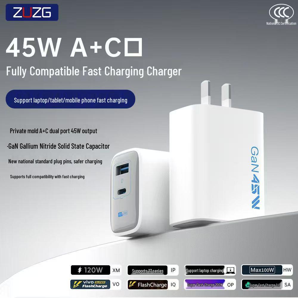 

ZUZG 45W GaN Charger for 65W Huawei & Apple, Dual Port PD Fast Charging Adapter.