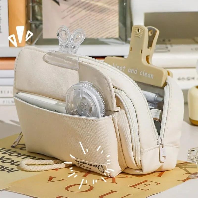 Cute Canvas Pencil Case Opening for Student Supplies Cosmetics Travel Handbag
