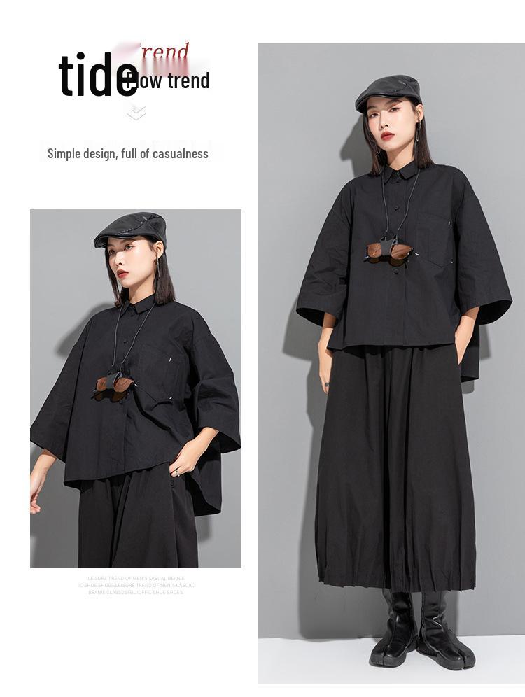 Women's Dark Chinese Style Irregular Mid-Sleeve Loose Top