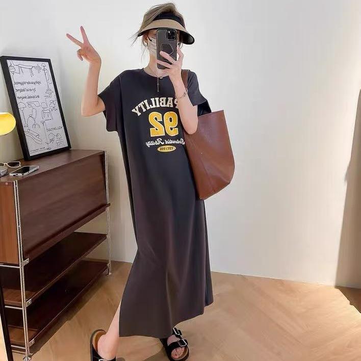 2026 New Korean Version T-shirt Skirt Short-sleeved Large-size Women's Fat Mm Loose Casual Large-size Belly-covering Long Dress