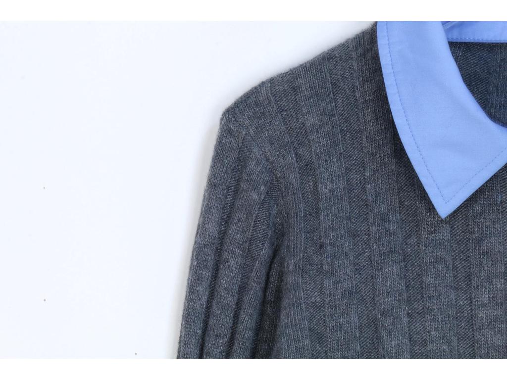 French Niche 2025 Spring-Autumn Color Block Knit Pullover Sweater with Shirt Collar
