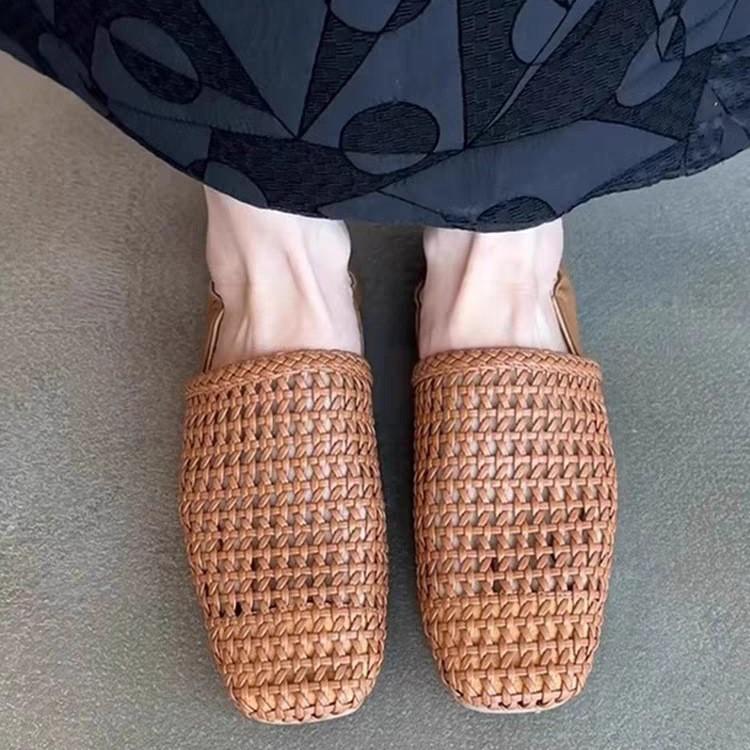 Cowhide Version Niche Retro Woven Hollow Breathable Bag Heel Single Shoes Women's Square Head One Pedal Versatile Lazy Flat Shoes