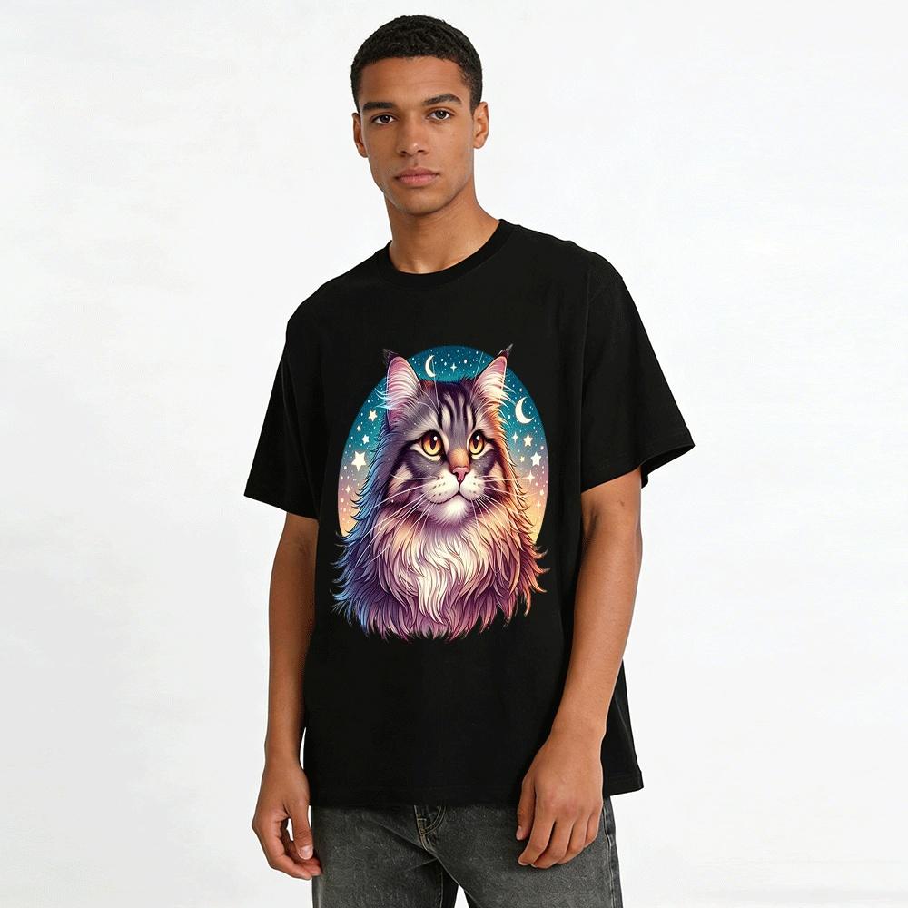 Starry Night Maine Coon Print Casual Versatile Long Sleeve Tee Pure cotton T-shirt