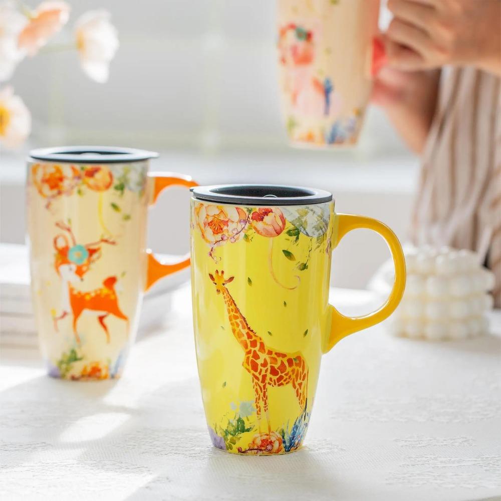 500ML Immortal Forest Mystery Animal Ceramic Cup, Large-capacity Water Cup, Coffee Cup with Lid, Couple's Cute Mugs Cup