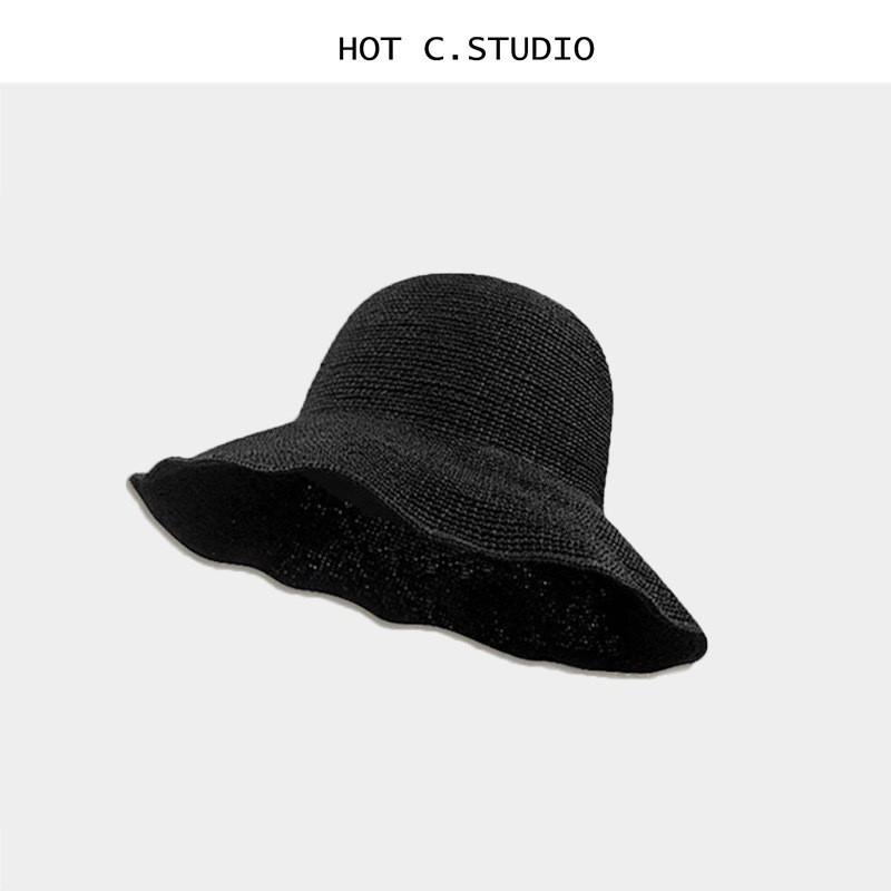 Handcrafted Ultra-Wide Brim Straw Sun Hat Women UV Protection Foldable Beach Fine Straw Wide Brim - Black