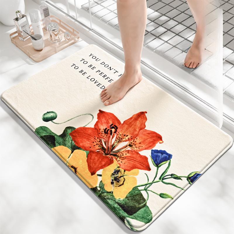 Flower Language Print Sponge Bathroom Thickening Mat Bath Non-slip Carpets In Wash Basin Bathtub  Floor Rug Shower Room Doormat Memory Foam 3D Pad