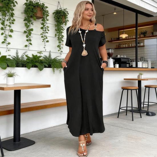 Women Dress Short Sleeve One Off Shoulder Loose Fit Sexy Dress Pure Color Loose Fit Side Slit Hem Maxi Dress with Pockets Belt