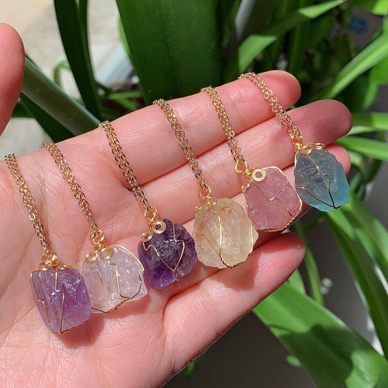 Natural Stone Pendant Necklace Small Rock Quartz Pendulum Amethysts Citrines Fluorite Pink Crystal Necklace For Women Healing