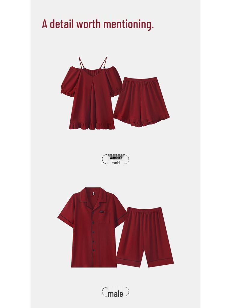 Women's Antibacterial Cotton Wedding Pajama Set: Summer Short Sleeve and Shorts, Year of the Rat Red, Couple Wear
