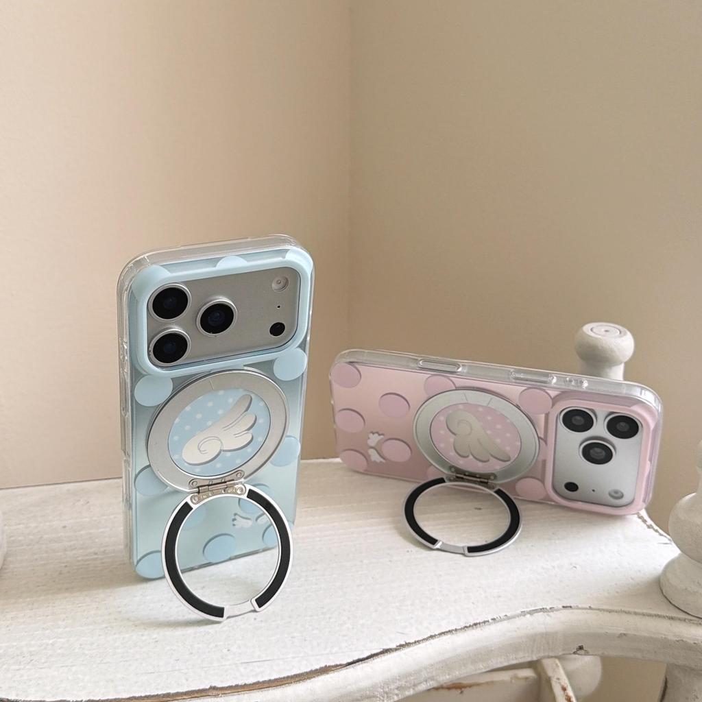 Apple 17 Pro Phone Case with Electroplated Rotating Stand, Fits 16 Pro Max/15 Pro, Polka Dot Korean Style