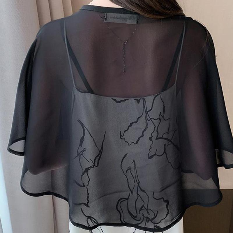 Women'S Summer Cloak Chiffon Scarf Waistcoat Loose Sunscreen Shawl Cheongsam Dress Button Blouse Shoulder Fake Collar Cape T90