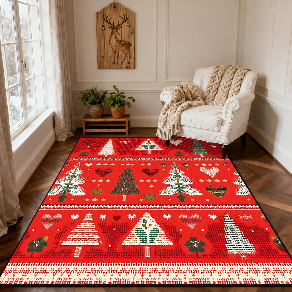 Christmas Style Red Living Room Carpet Christma Tree Decoration Bedroom Fluffy Thickened Rug Indoor Cloakroom Non-slip Floor Mat