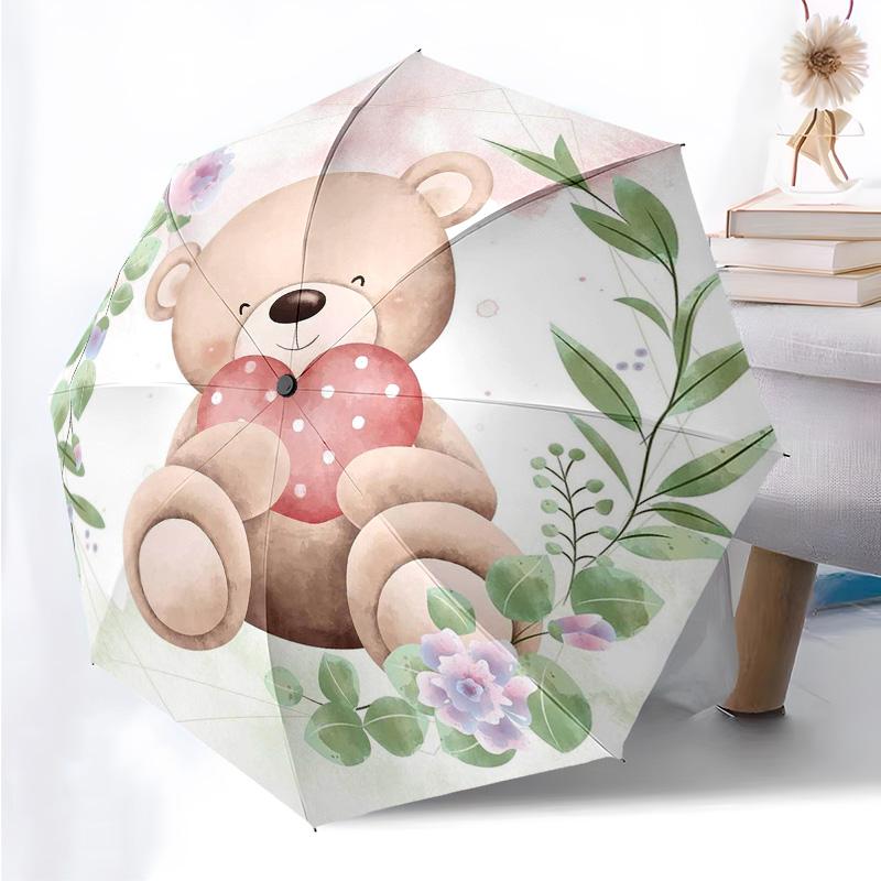 Cute Bear Pattern Folding Umbrella Fashion Auto-Open 8 Iron Ribs Plastic Handle Foldable Sunshade Perfect Christmas Gifts