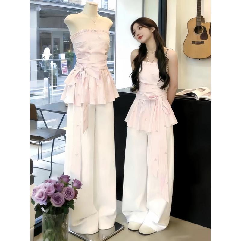 Chic Korean-Style Pink One-Shoulder Top & Jeans Set Large