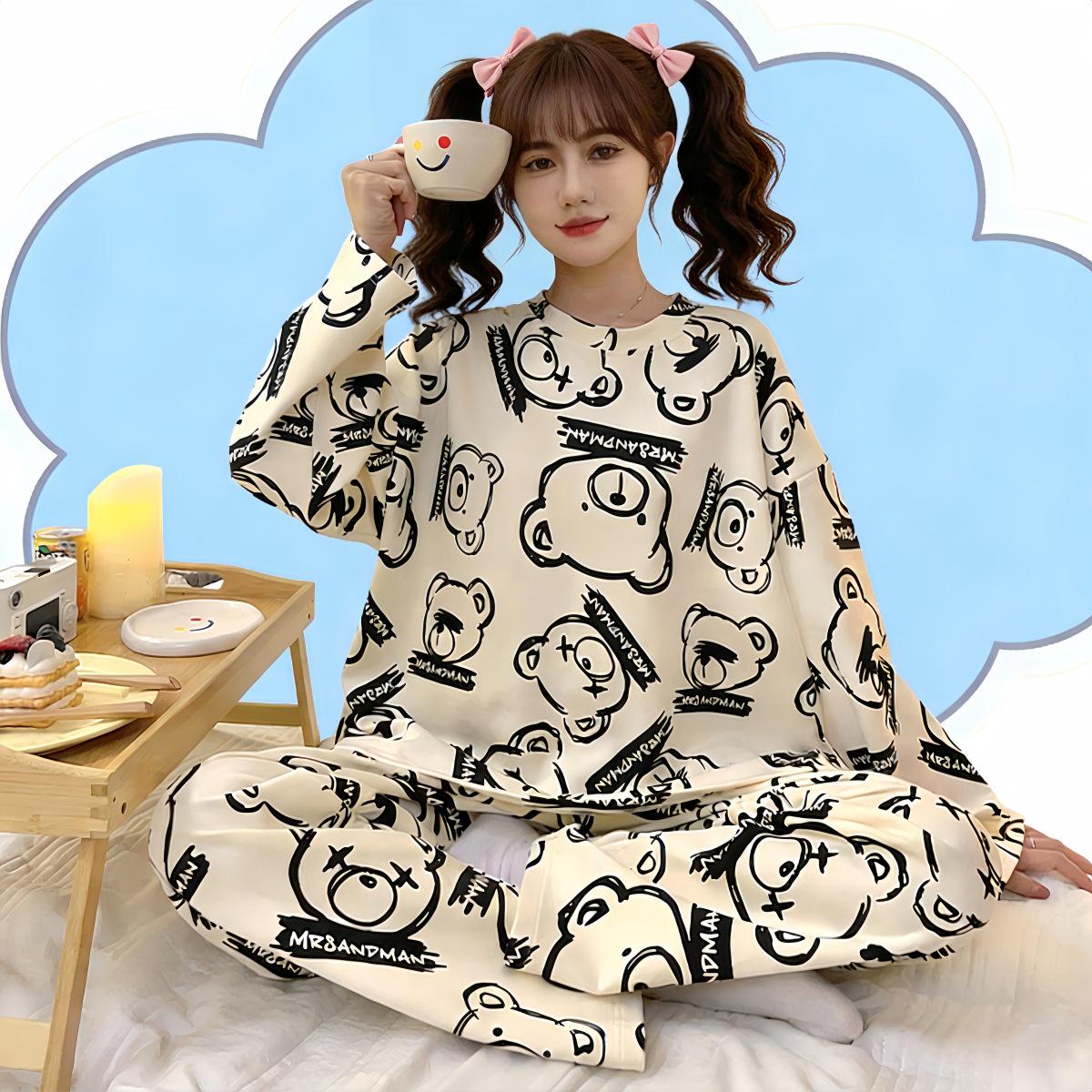 

Жіночий піжамний комплект з довгим рукавом з мультяшним принтом - Милий корейський домашній одяг для осені, зими, весни - Доступний великий розмір XL