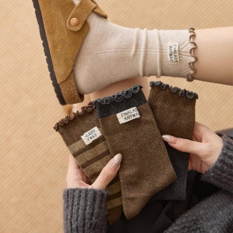 Black Fungus Lace Socks, Women's Spring and Autumn Cloth Label Long Socks, Pure Cotton Breathable and Versatile Mid-calf Socks