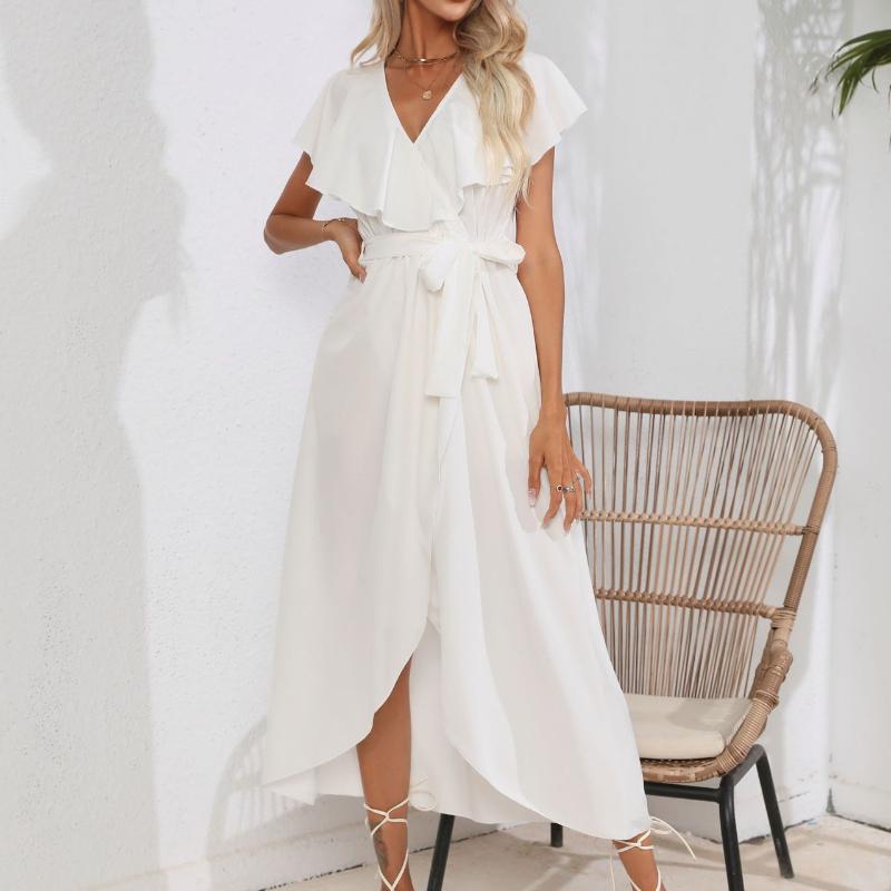 

Женские модные летние весенние однотонные повседневные платья с v-образным вырезом и короткими рукавами и высокой талией L белый
