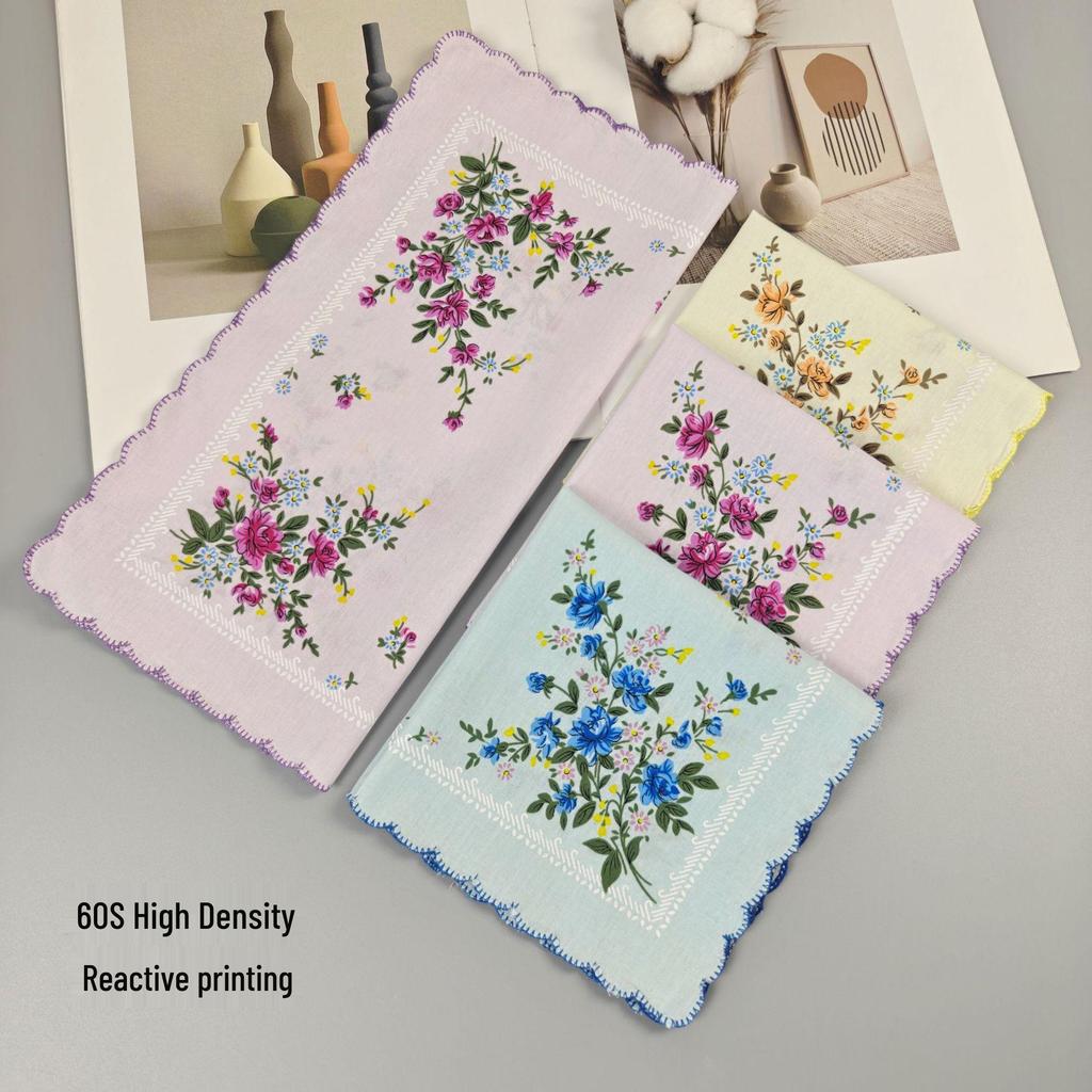 Set of 3 Women's 100% Cotton Printed Handkerchiefs - 29cm, High Density, Straight Edge Design