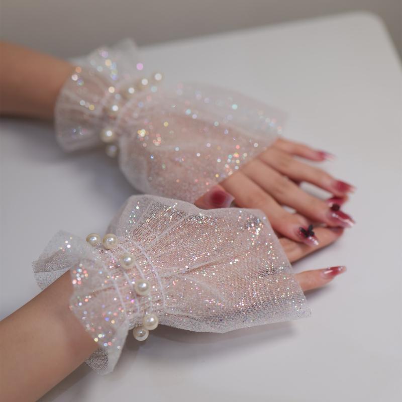 Short Pearl Lace Wrist Fake Sleeves Bride Decorative False Cuff Tulle Item Nail Art Take Picture Background Nail Photo Equipment