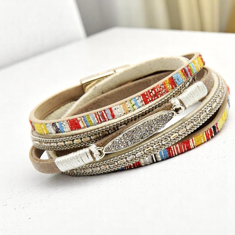 Women' Boho Bracelet, Pink Eco-leather, 19.5 , Gold Details