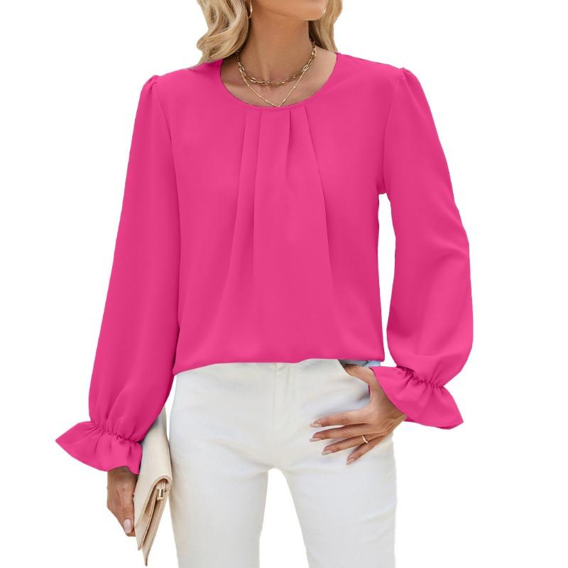 Frühling und Herbst Damen Bluse Einfarbig Rundhals Lose Langarm Top