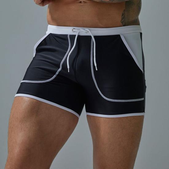 Men Summer Swimming Trucks Mid-rise Drawstring Patchwork Color Pocket Swimming Shorts Quick-Drying Stretch Beach Surfing Shorts