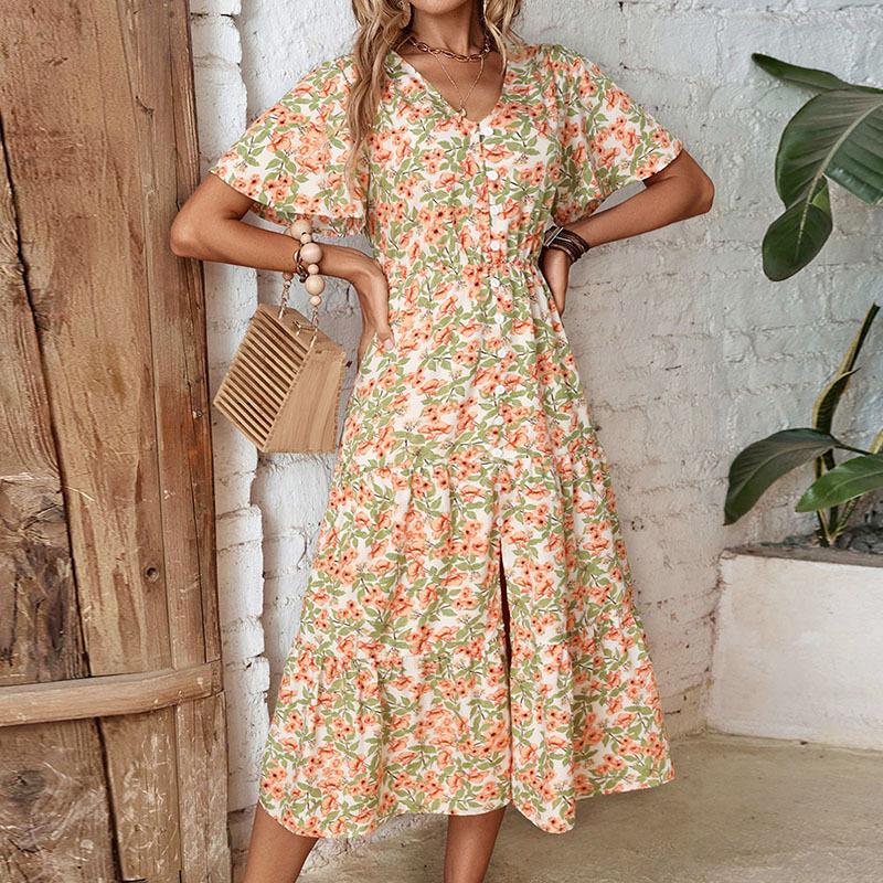 Sommer Frauen Urlaub Blumenkleid Kurzarm V-Ausschnitt Midi
