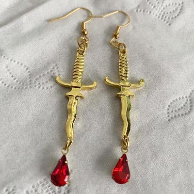 Dagger Earrings with Blood Red Accents, Knife Dangle Earrings, Horror Jewelry.