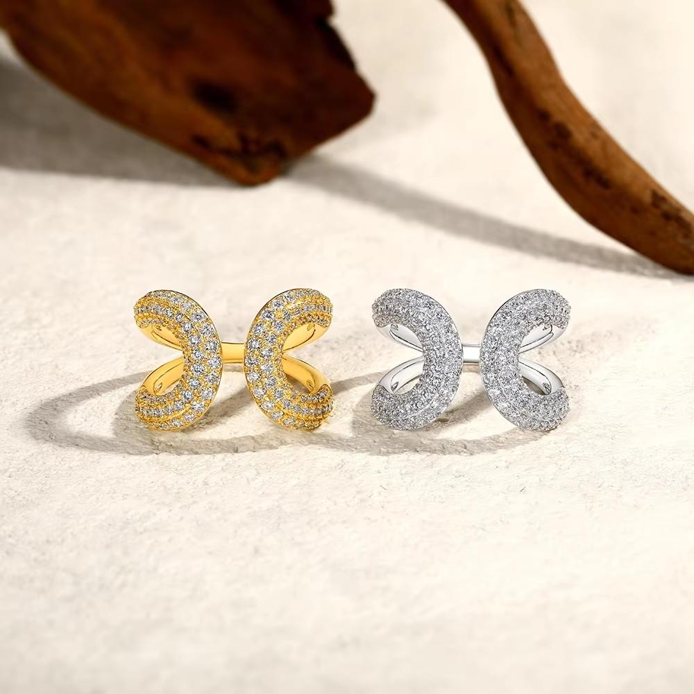 925  Plated / Gold Plated Open Ring - Adjustable Cuff Ring - Pave CZ Sparkling Ring - Gold &  Color Options