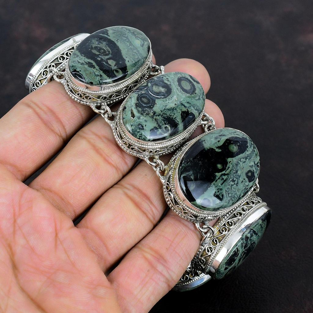 Kambaba Jasper Bracelet Handmade Gemstone Bracelet 925 Sterling Silver Bracelet Vintage Jewelry Adjustable Chain Bracelet Anniversary Gifts