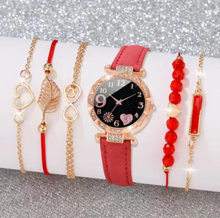 New Ladies Diamond Dial Belt Quartz Watch Beaded Bracelet Set 6Pcsset Chronograph Watch