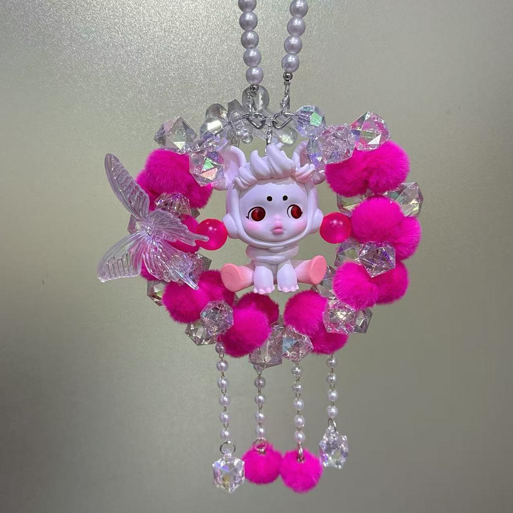 Car Rearview Mirror Ornament: Pom-Pom Butterfly, Fully Embellished, Ready-to-Hang, Cute Gift for Girls